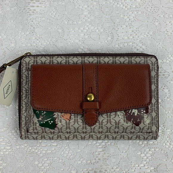 Fossil Faye String Wallet Natural floral Zip Around Wristlet Brown Tan New NWT - Picture 1 of 15